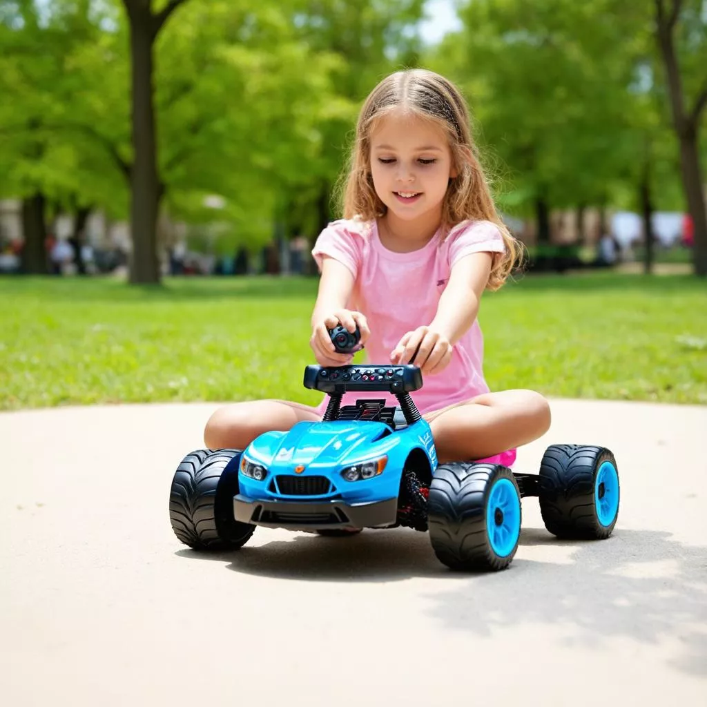 Bé gái đang chơi xe ô tô điều khiển từ xa ngoài công viên