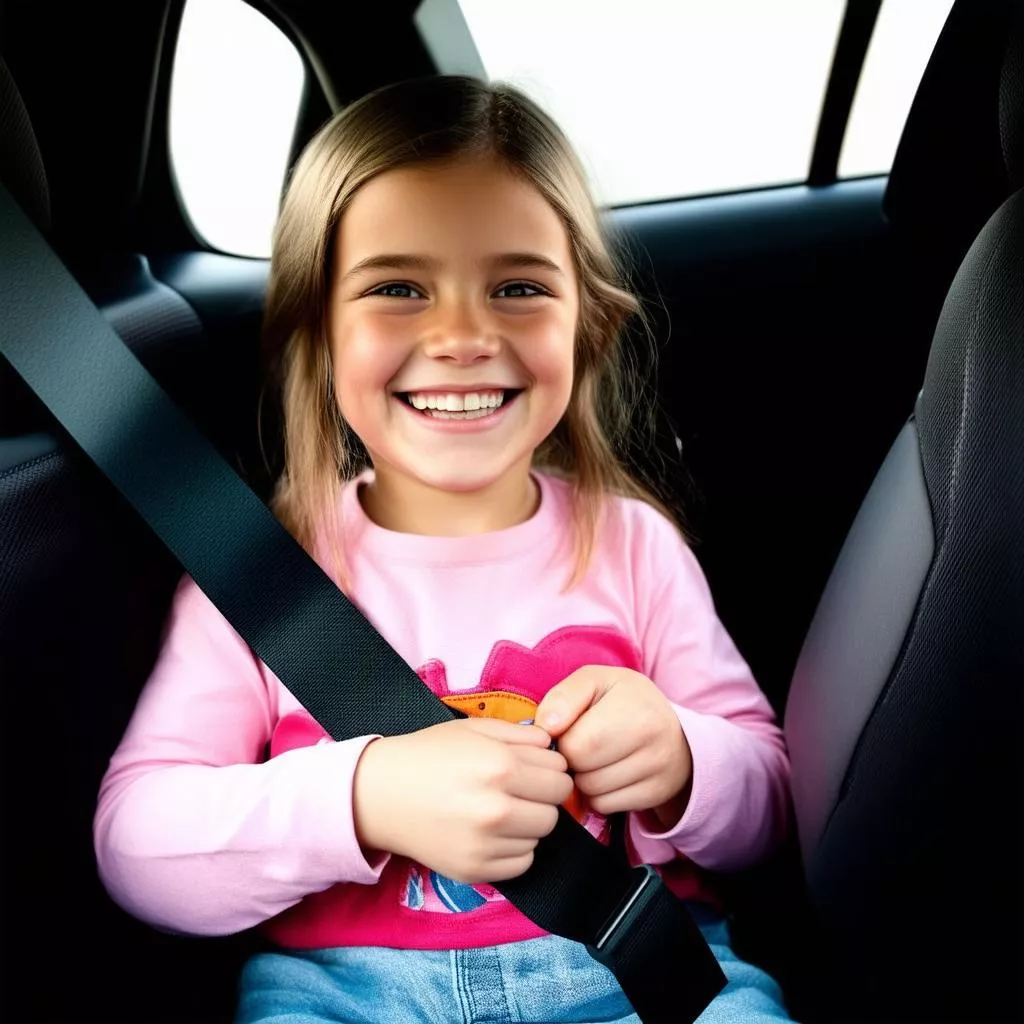 Bé gái đang cười và thắt dây an toàn