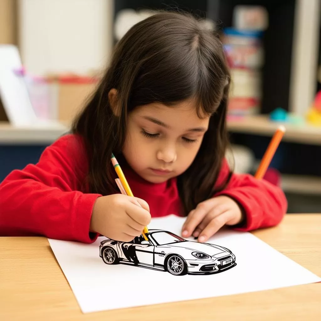 लड़की कार का चित्र बना रही है