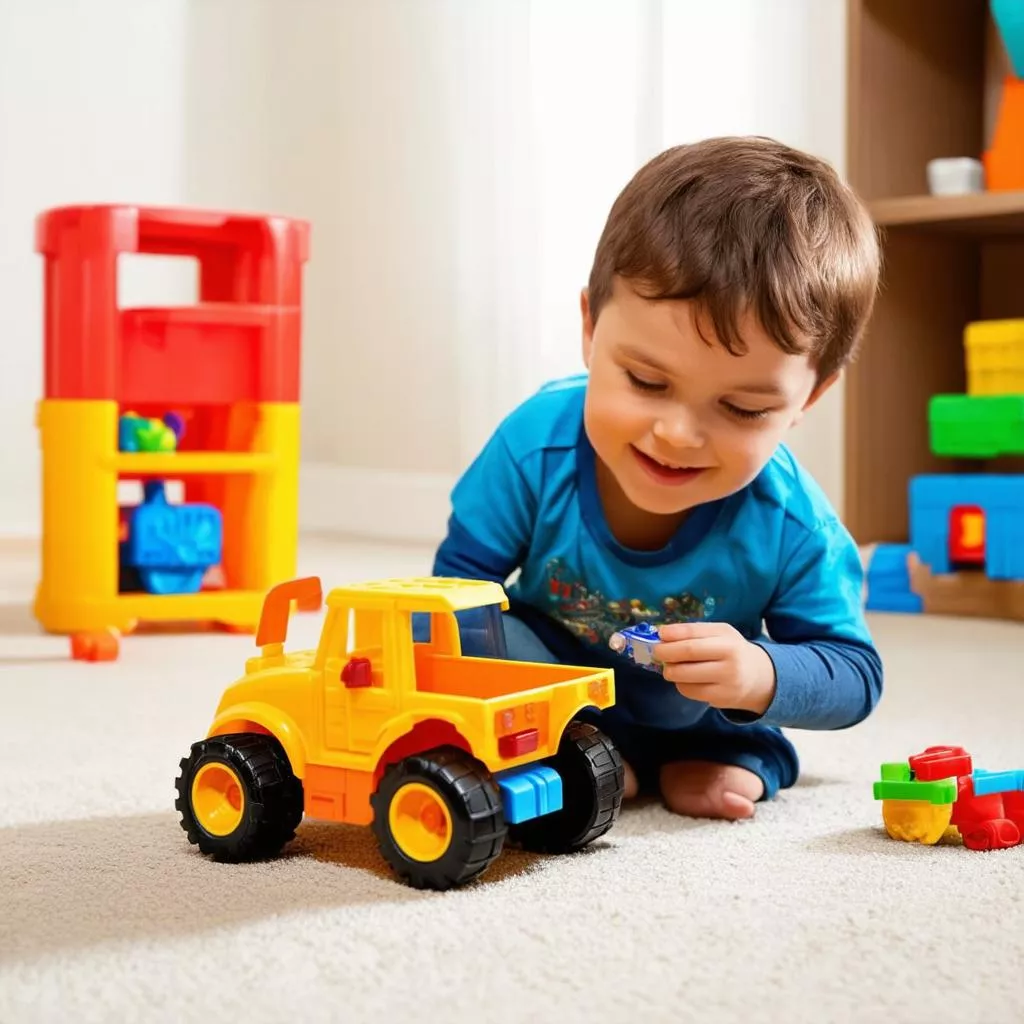 Bé trai chơi ô tô đồ chơi