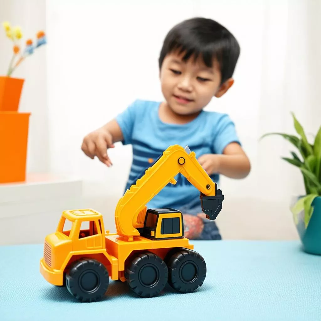 Anak laki-laki sedang bermain mobil crane kartun