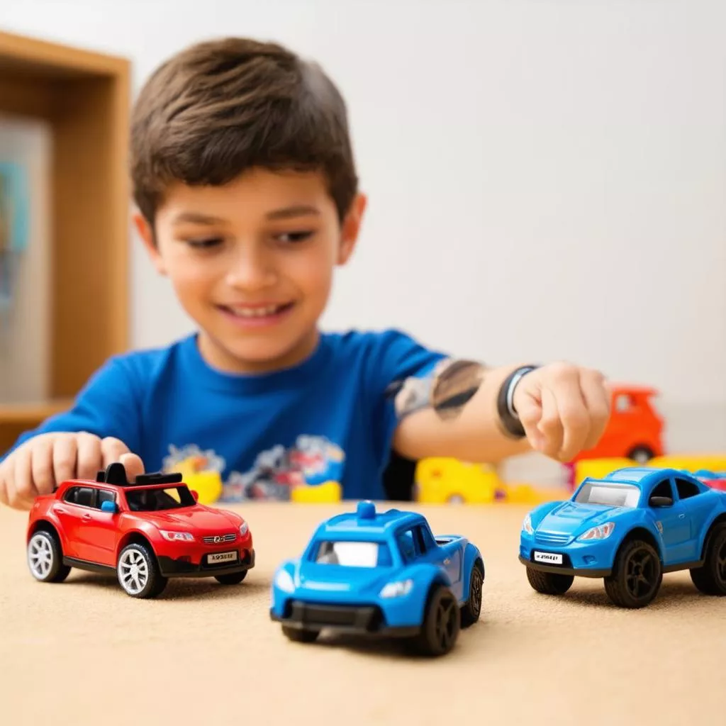 Boy playing with a cartoon car