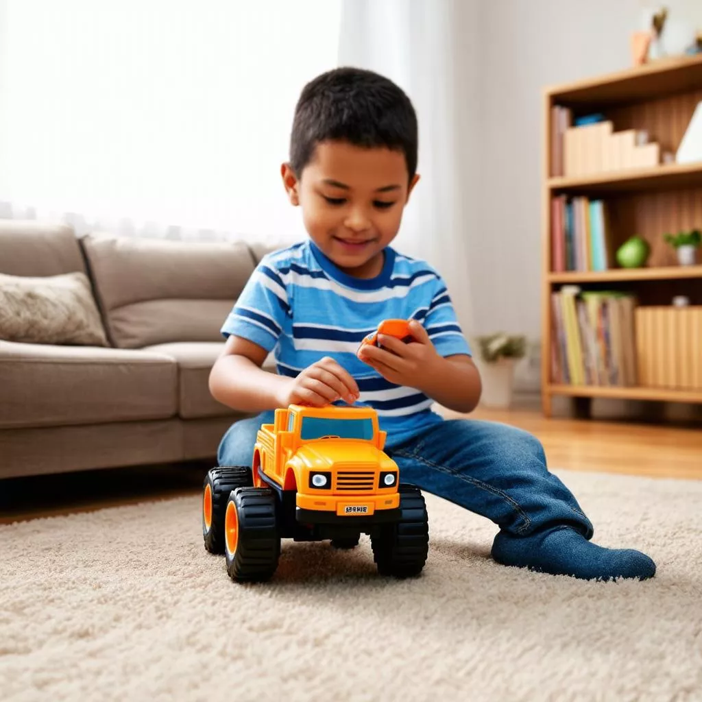 Bé trai đang chơi ô tô tải