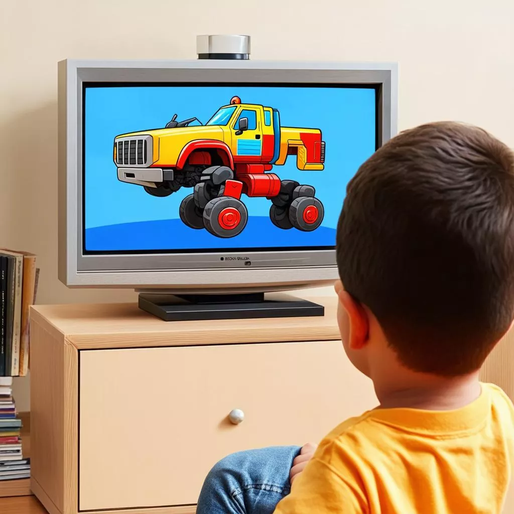 Bé trai đang xem phim hoạt hình ô tô siêu nhân