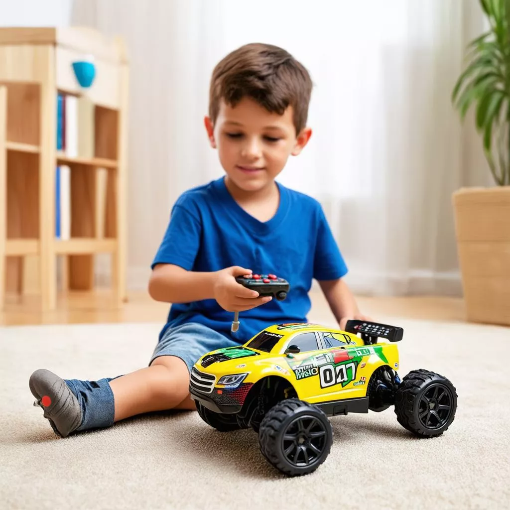 Junge spielt mit ferngesteuertem Auto