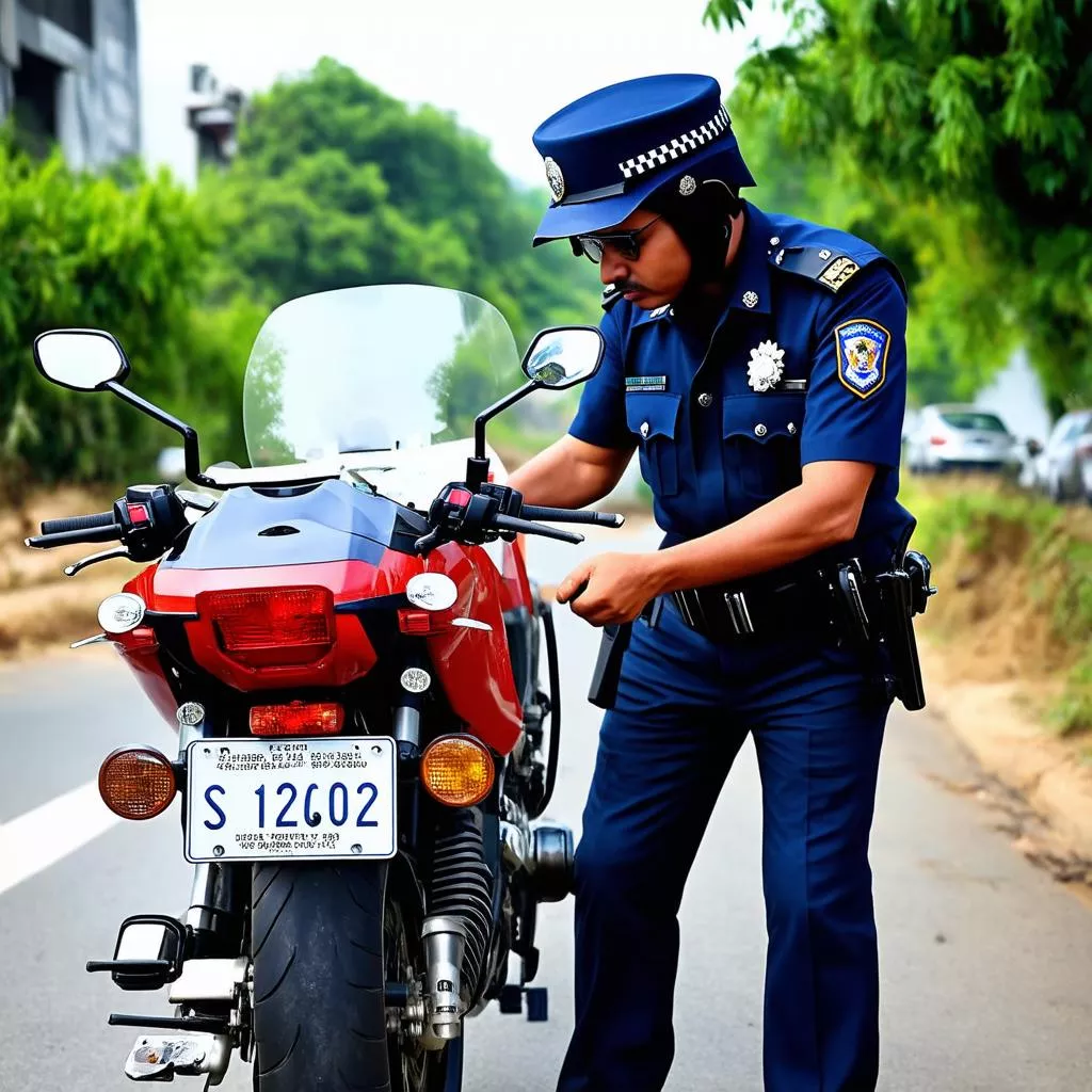 Traffic police inspecting a motorcycle