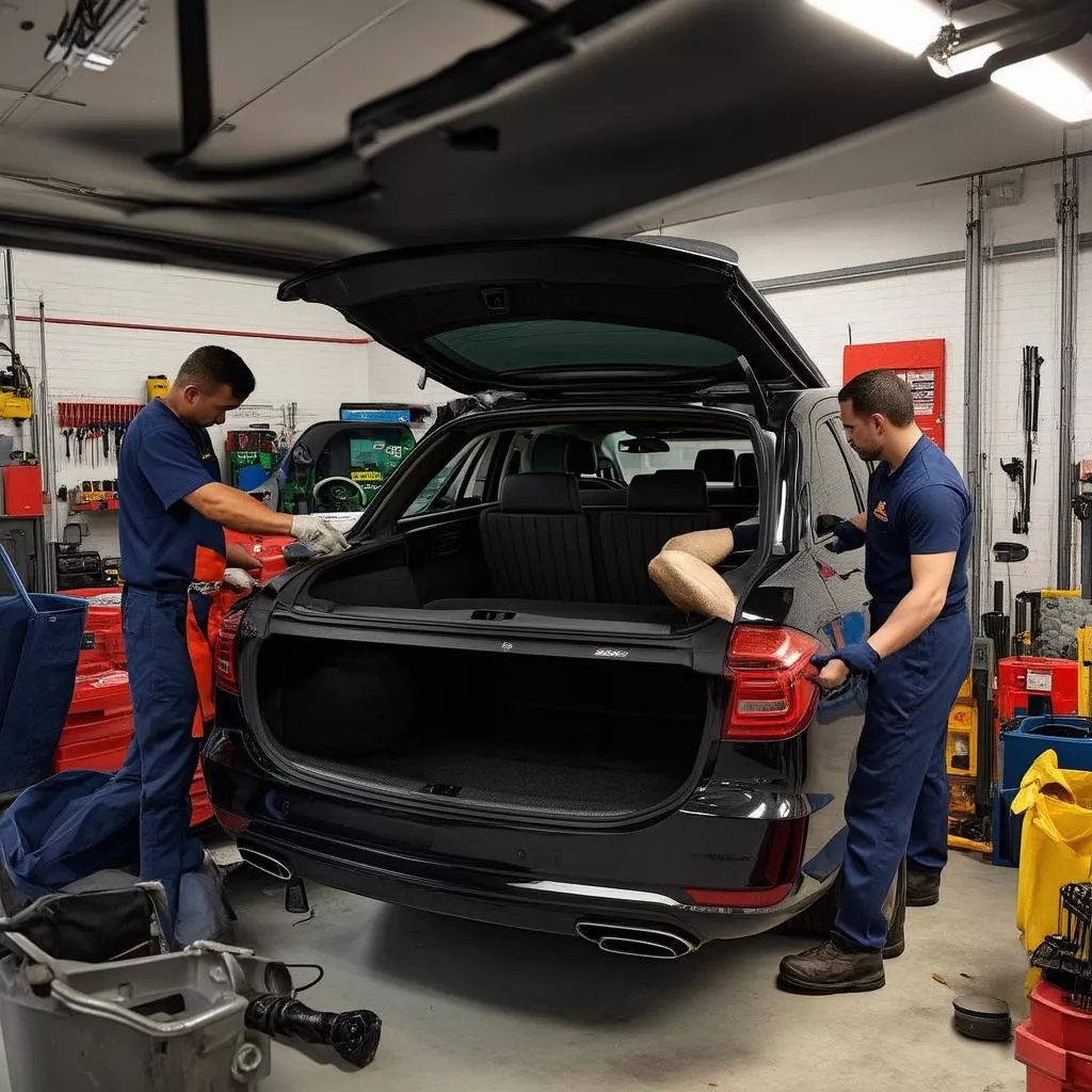 Car headliner installation at a garage