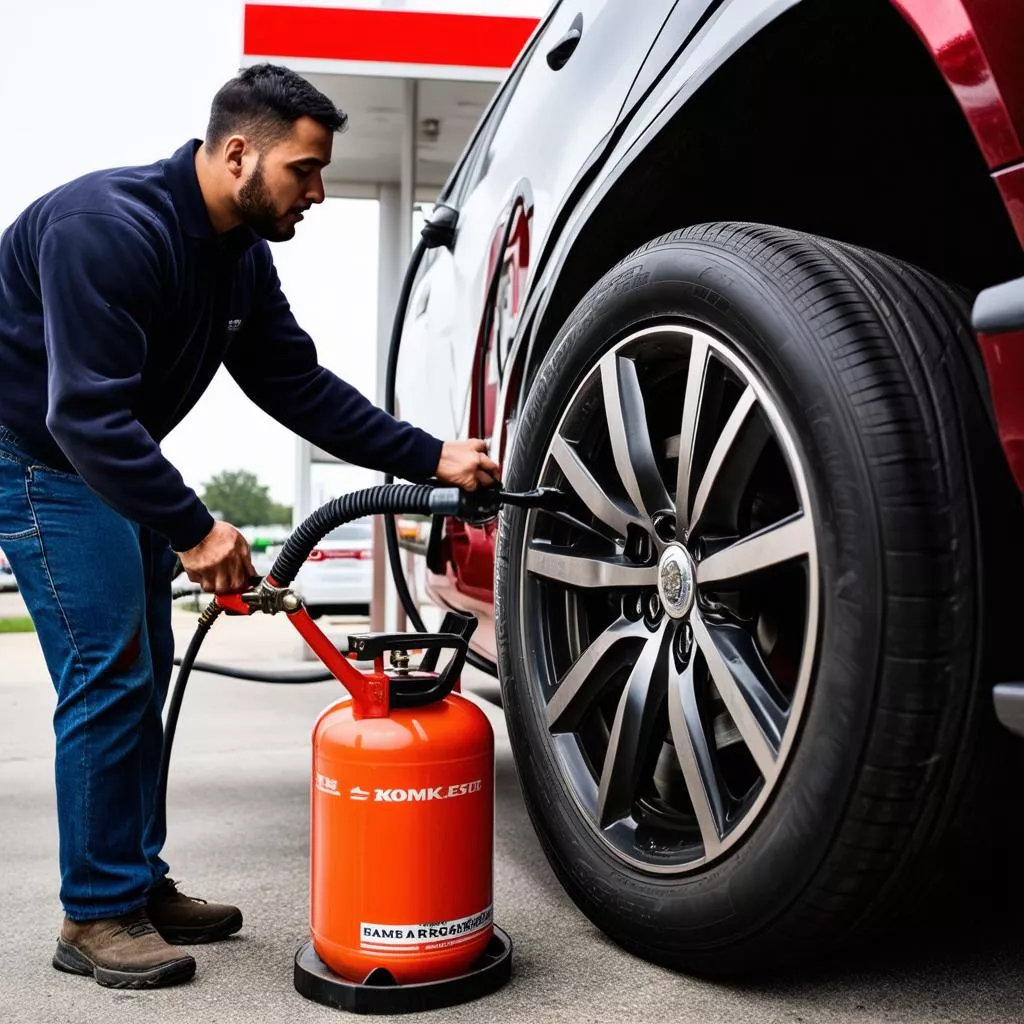 टायर में हवा भरते हुए