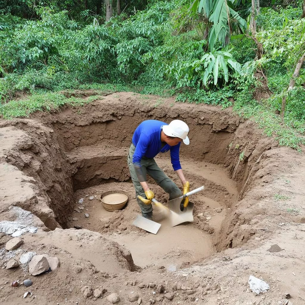 Archaeologists surveying Nui Tau Mountain