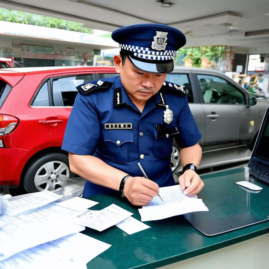 Cán bộ đang kiểm tra hồ sơ biển số xe