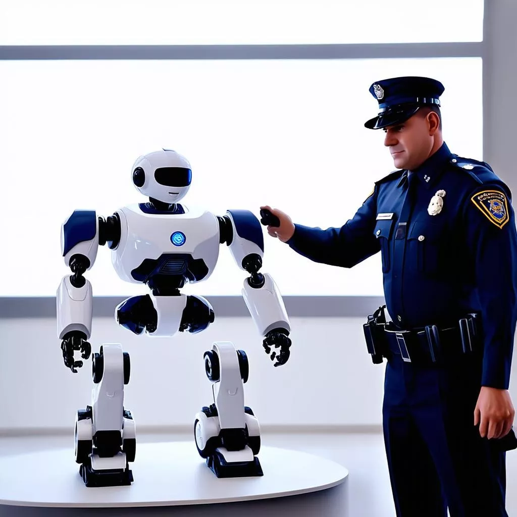 Police officer controlling a robot