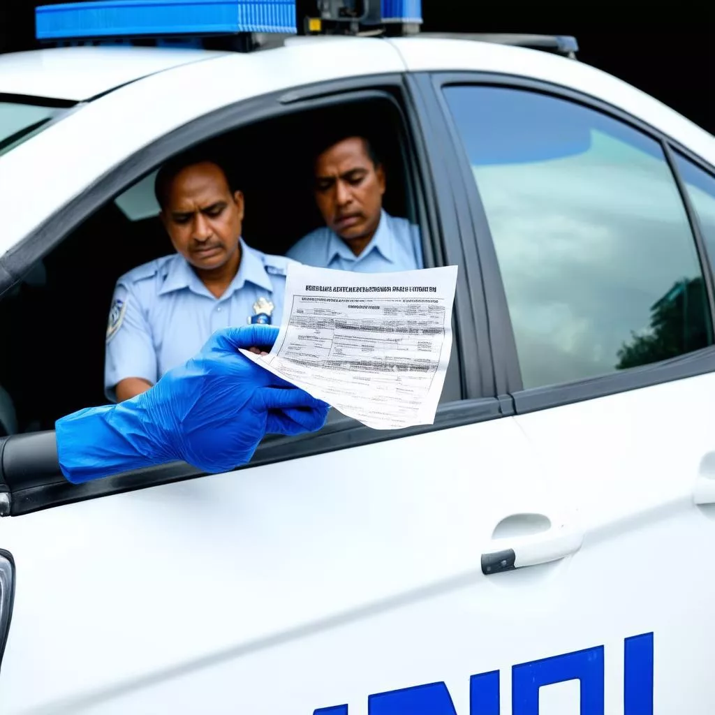 Traffic police inspecting documents of a blue license plate car