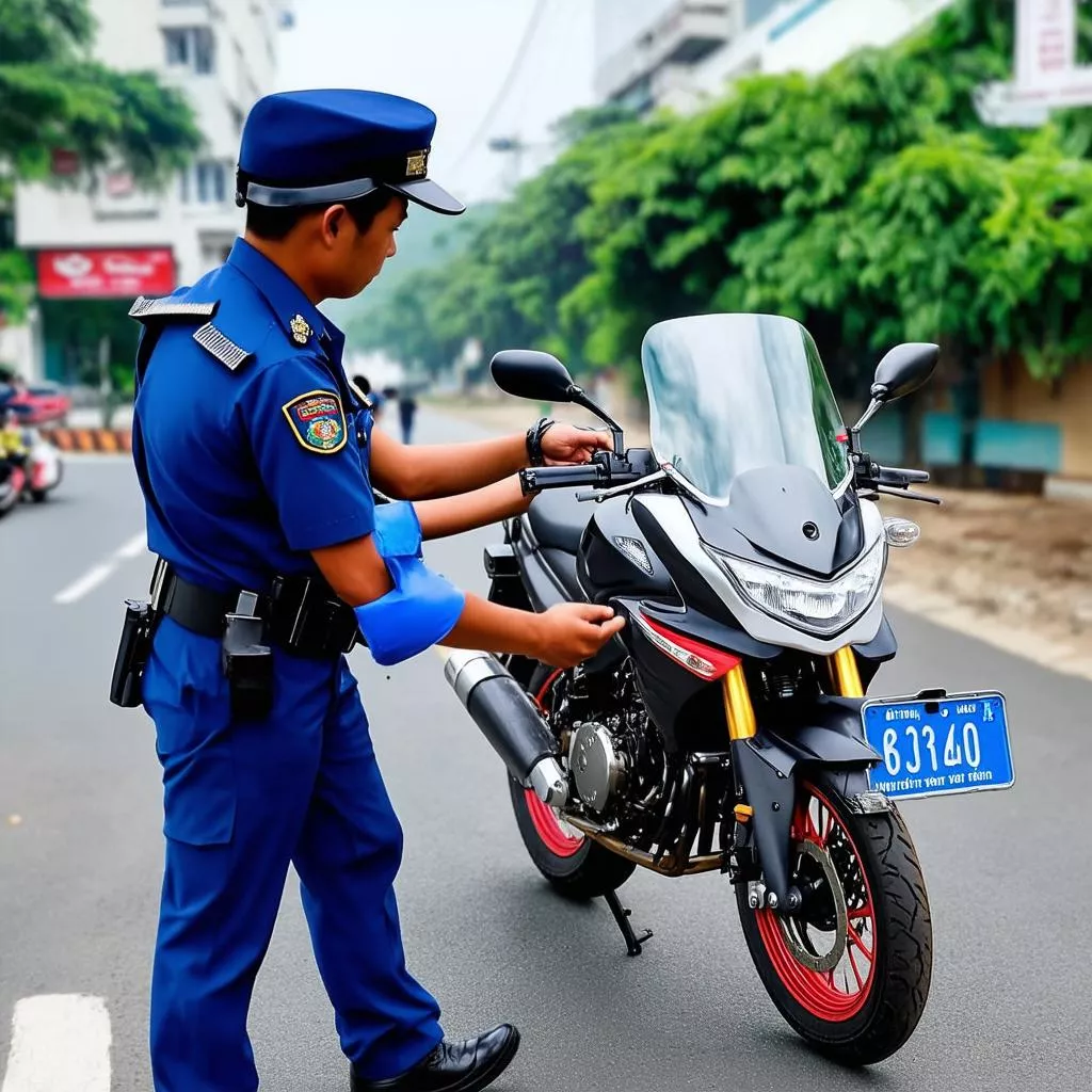 Cảnh sát giao thông kiểm tra biển số xe