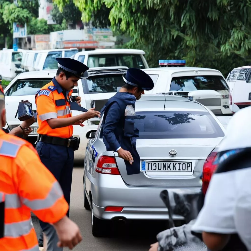 Traffic police inspecting a license plate