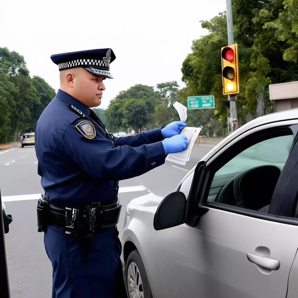Polícia a multar um condutor por avançar com o semáforo amarelo