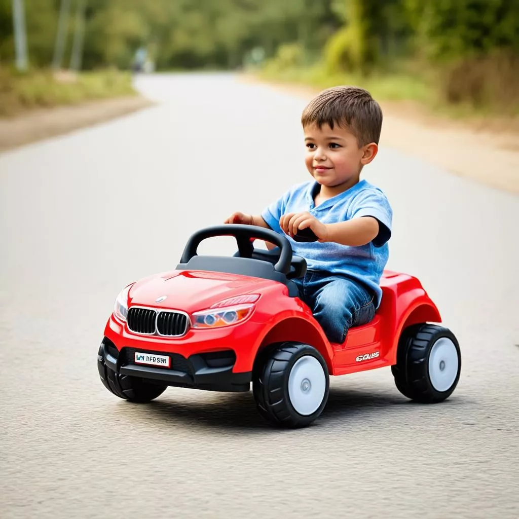 Cậu bé đang lái ô tô điện