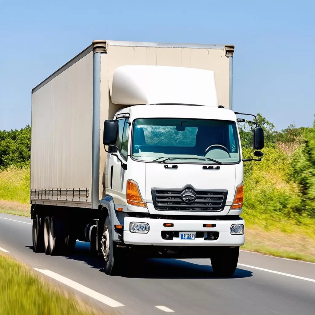chiếc xe tải đang di chuyển trên đường