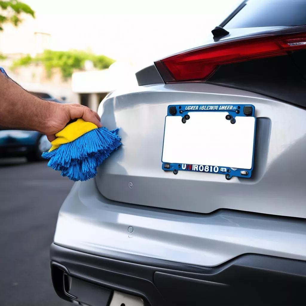 Car owner cleaning a license plate