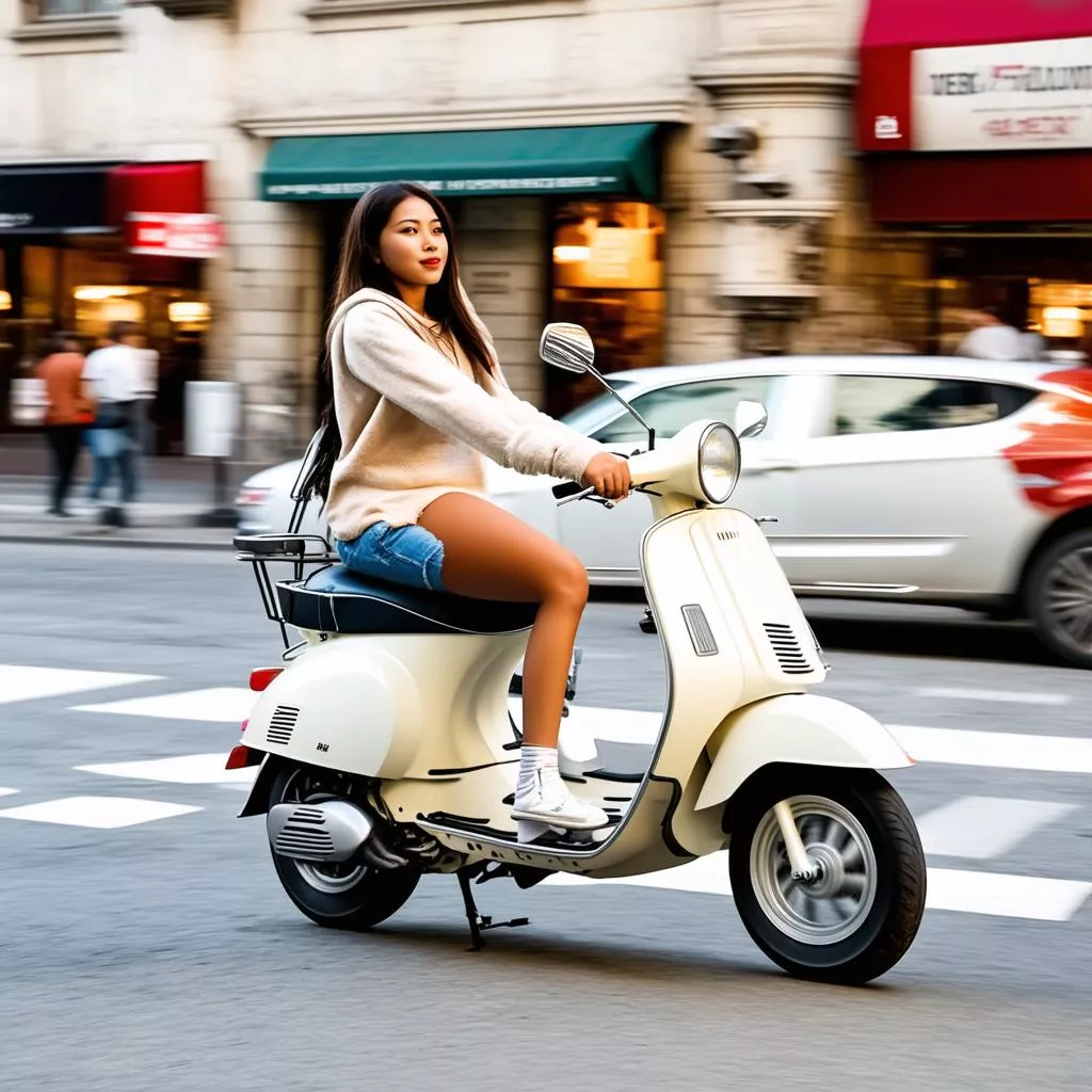 Cô gái đi xe Vespa trên phố