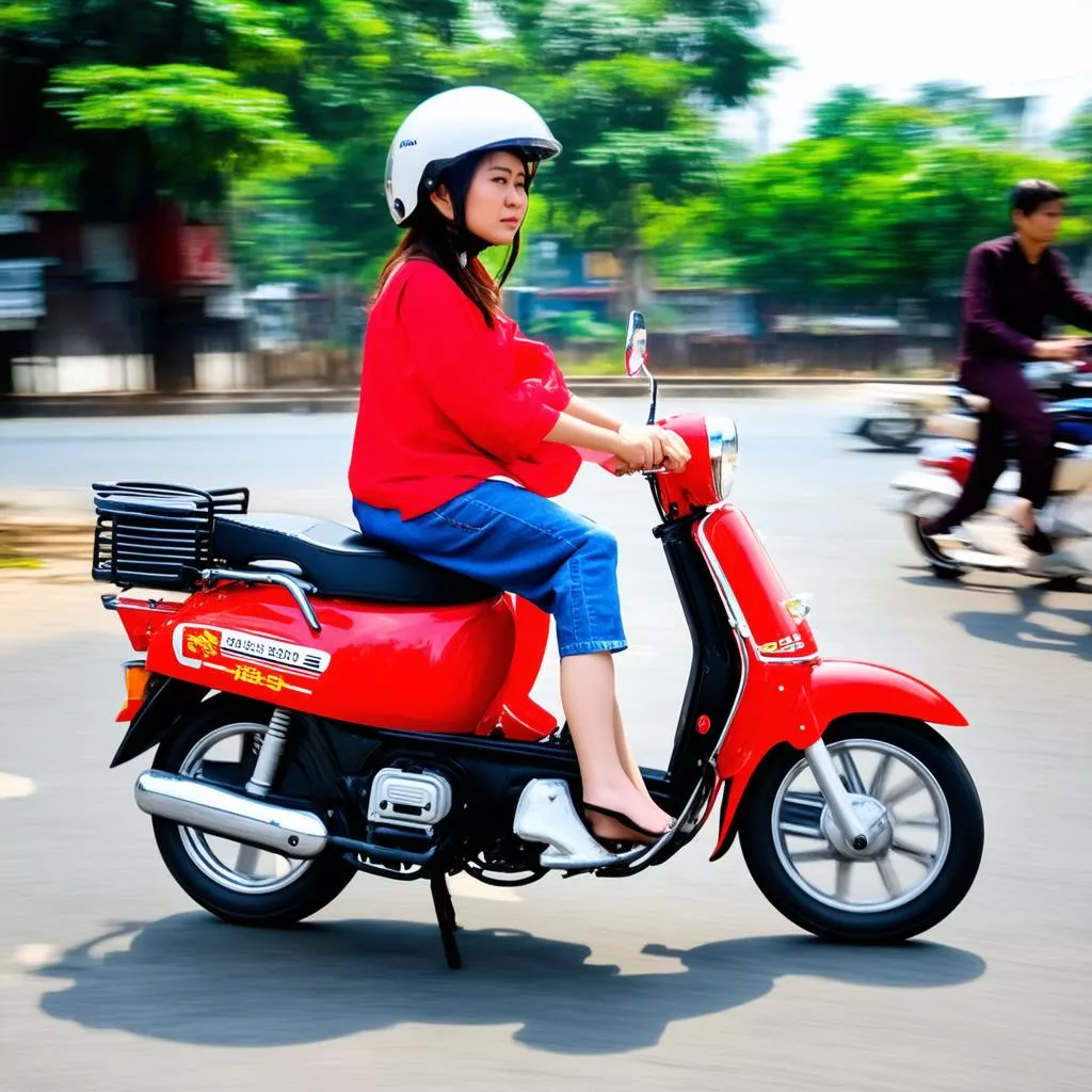 Cô gái mặc áo dài đội mũ bảo hiểm đi xe Cub 50 màu đỏ