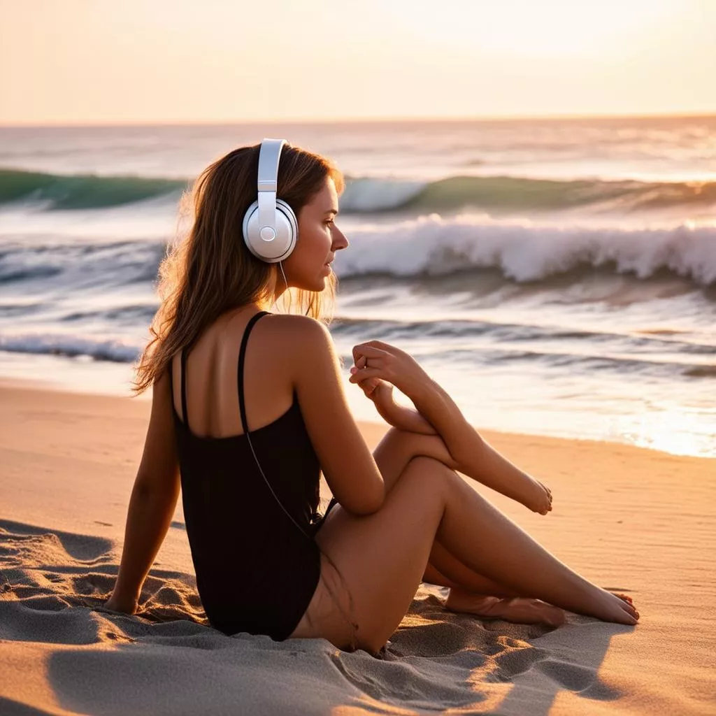 Woman Listening to Music by the Sea