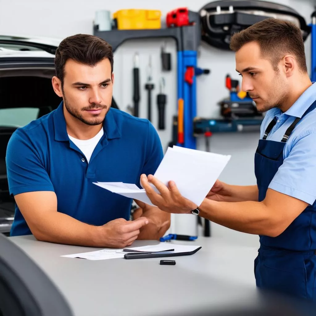 Consulente di servizio auto che fornisce spiegazioni al cliente