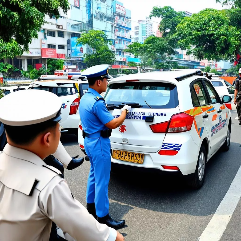 Police Inspecting a Vehicle's License Plate