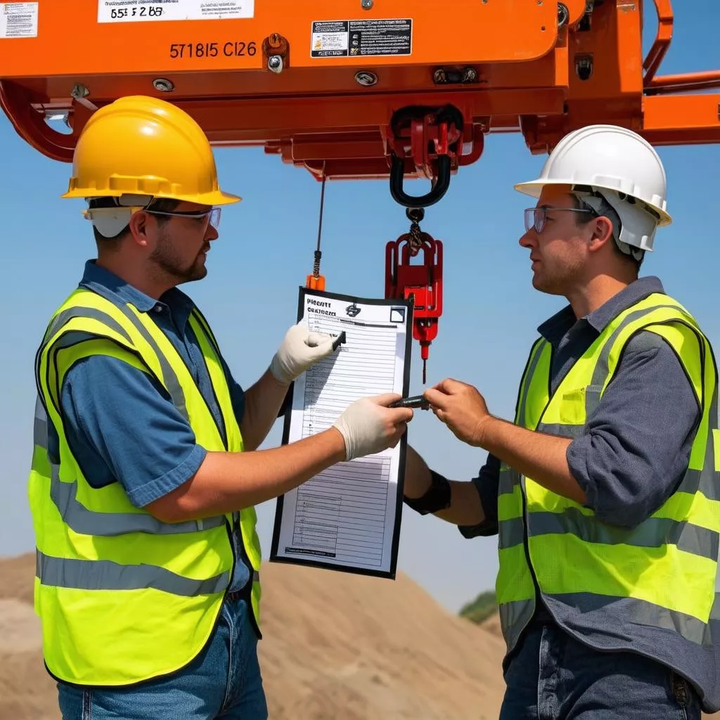 Worker inspecting a 5 ton chain hoist