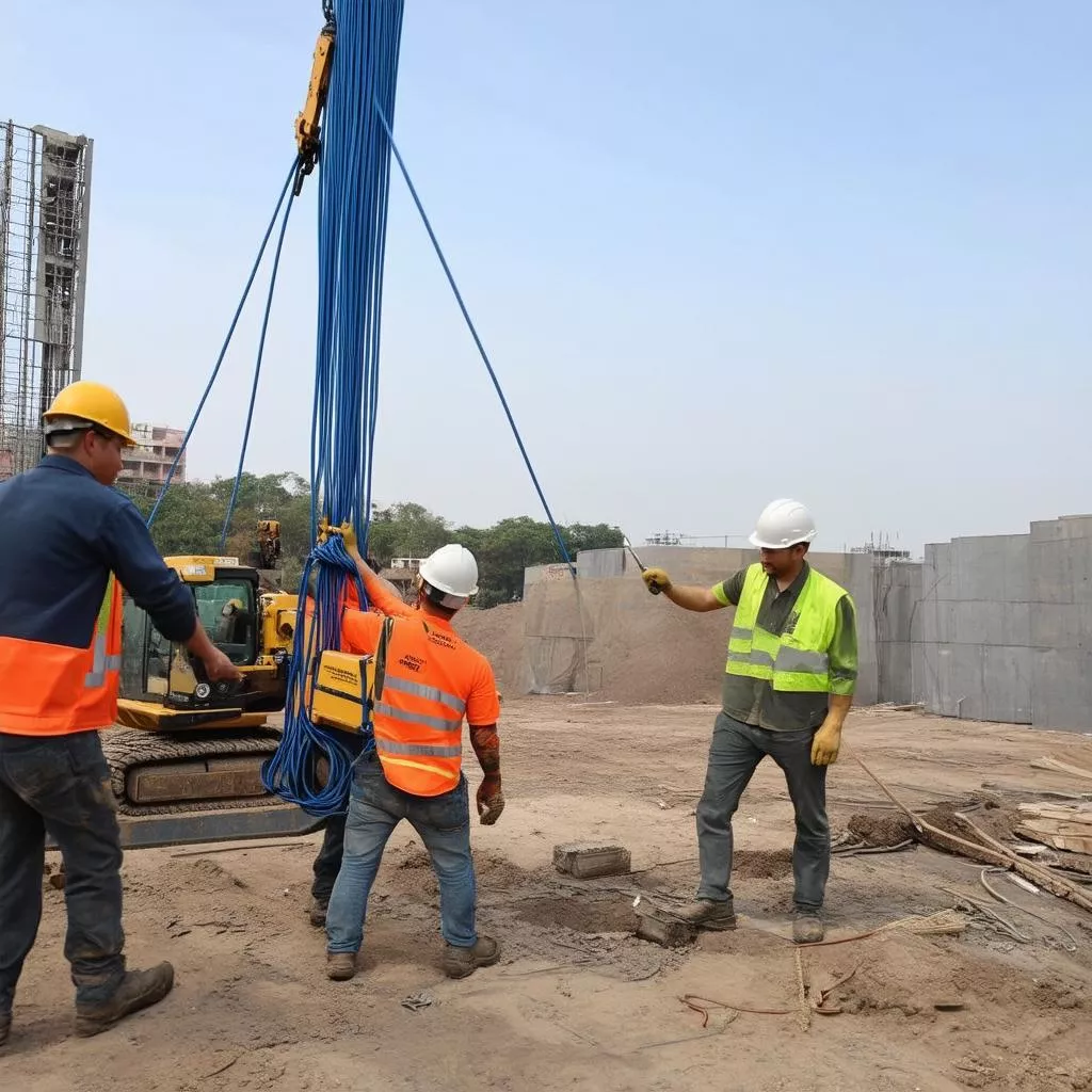 Công nhân đang sử dụng bộ tời cáp 3 tấn để nâng hạ vật liệu xây dựng