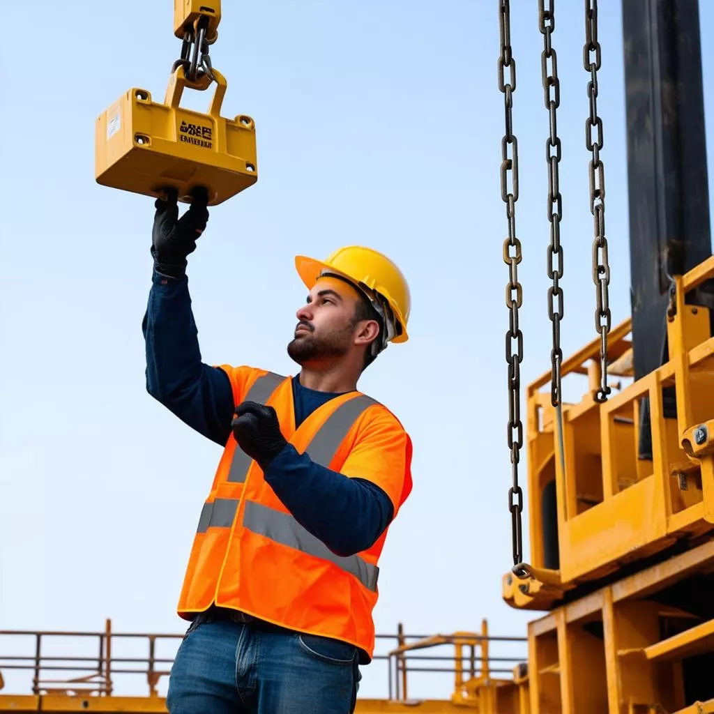 công nhân đang sử dụng xích palang để nâng hạ hàng hóa