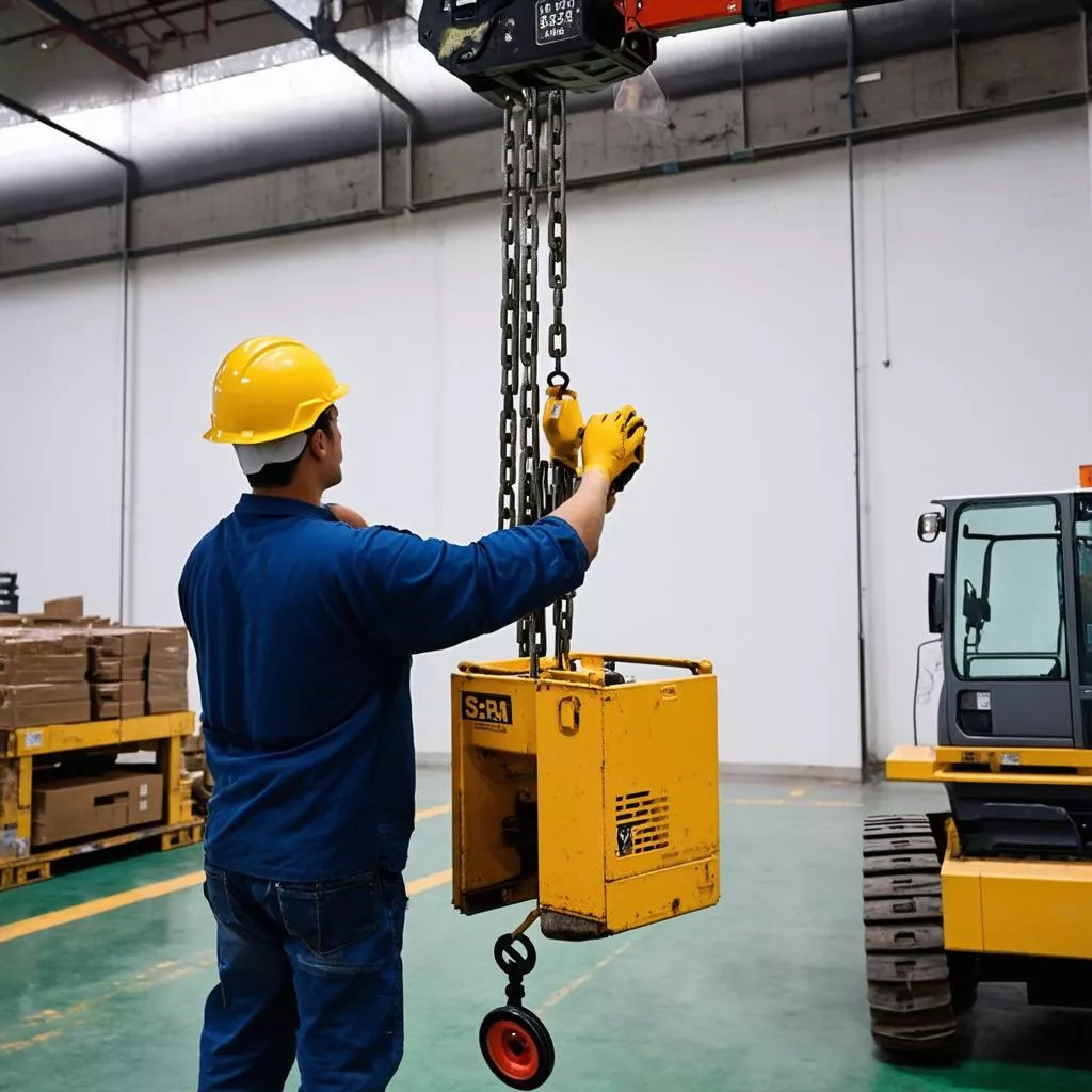 Công nhân sử dụng pa lăng xích