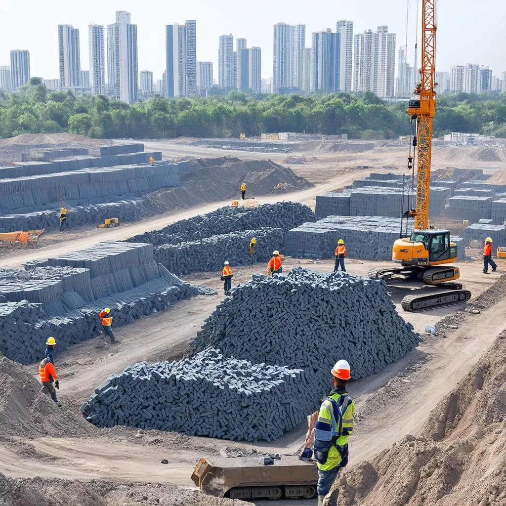 Construction site with workers and equipment