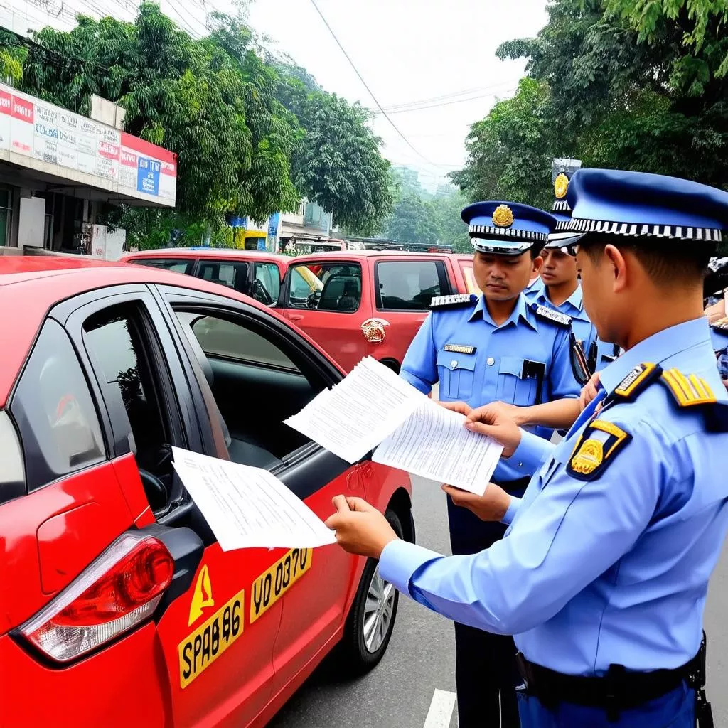 Agent de la circulation contrôlant les papiers du véhicule
