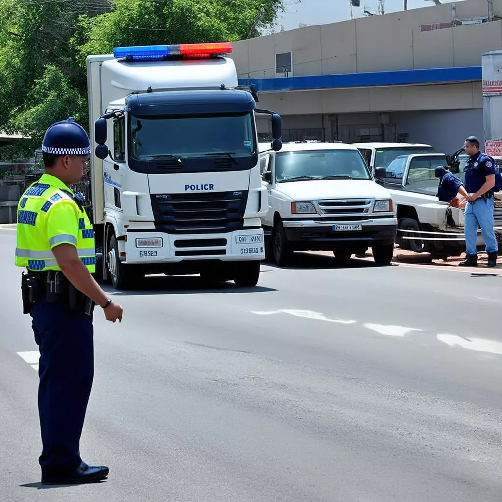 Traffic police issuing a fine for a truck license plate violation.