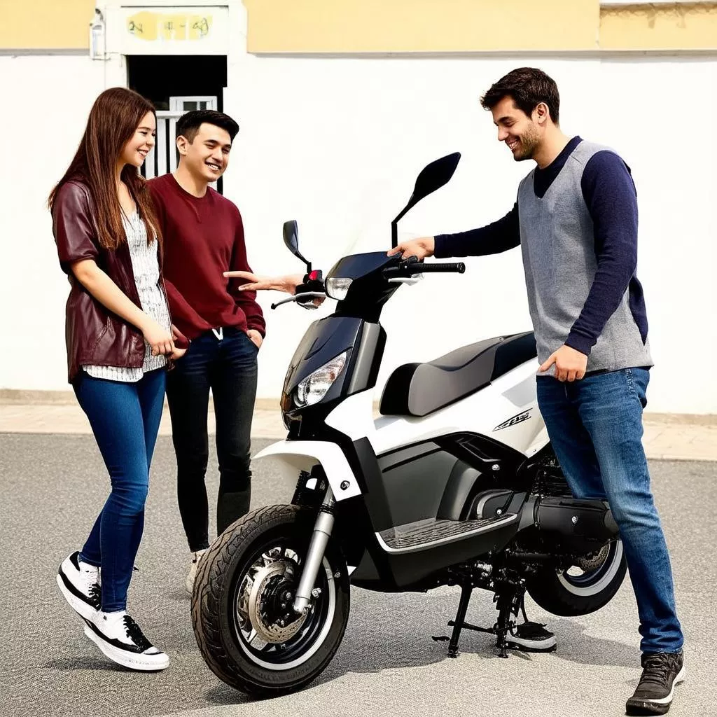 A couple examines a used motorbike at a dealership
