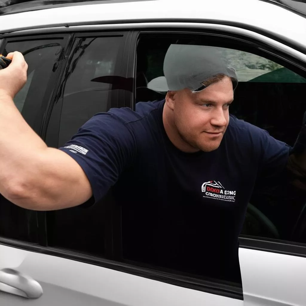 Technicien posant un film teinté