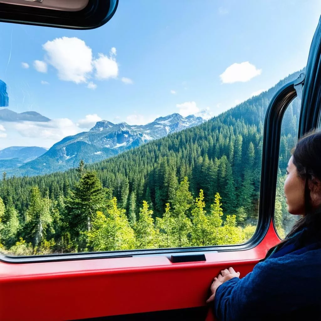 Du khách ngắm cảnh đẹp núi rừng từ cửa sổ xe khách