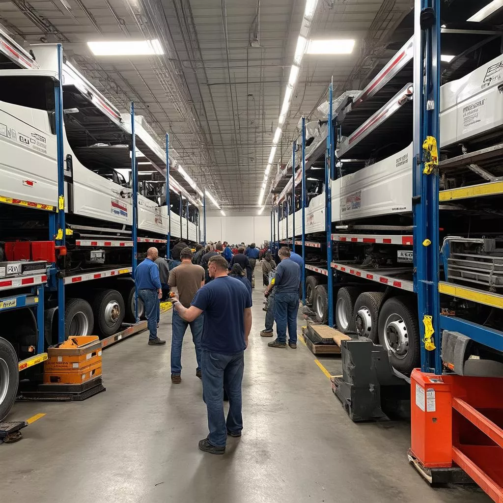 Gara sửa chữa xe tải đông đúc