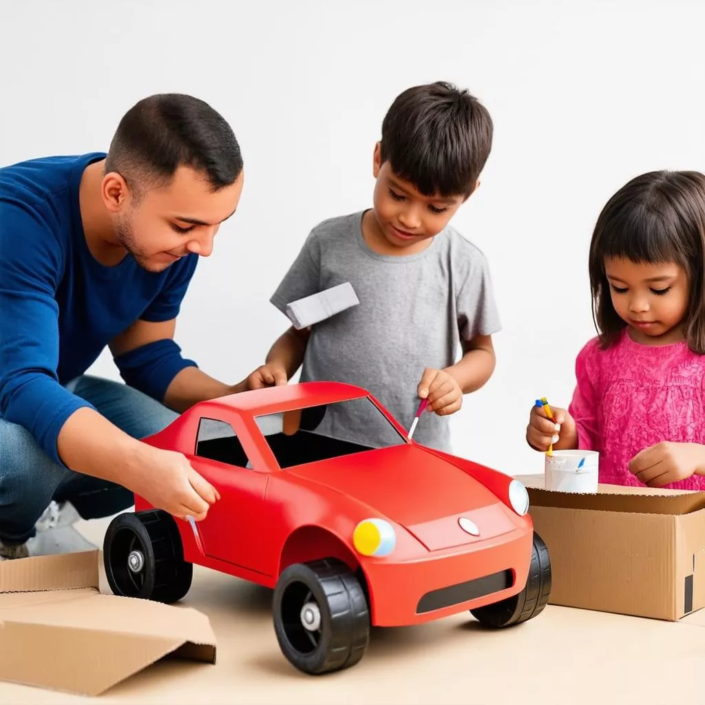 A family making a cardboard box car together
