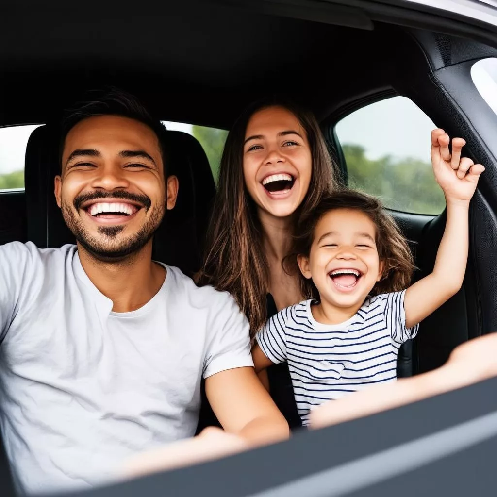Hình ảnh gia đình hạnh phúc trên xe hơi