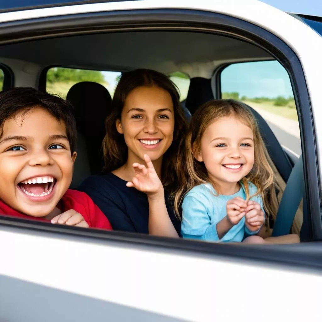 Gia đình hạnh phúc trên xe hơi