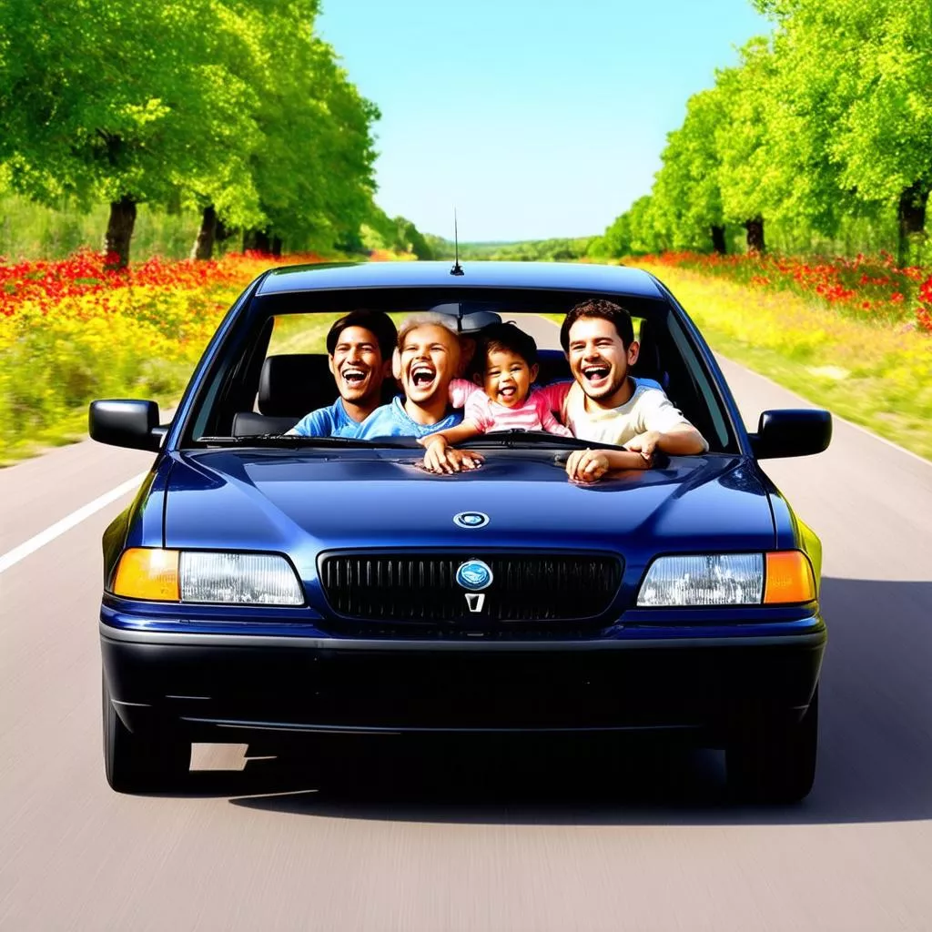 Gia đình hạnh phúc trên xe ô tô