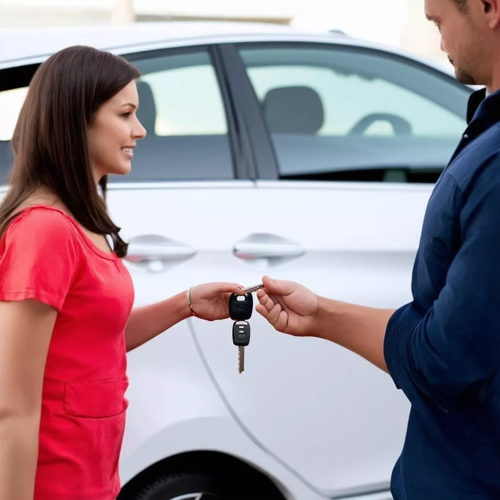 người đàn ông đưa chìa khóa xe cho người phụ nữ