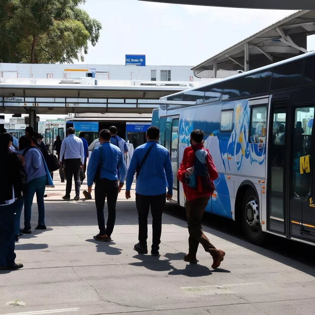 Hành khách lên xe buýt tại bến xe