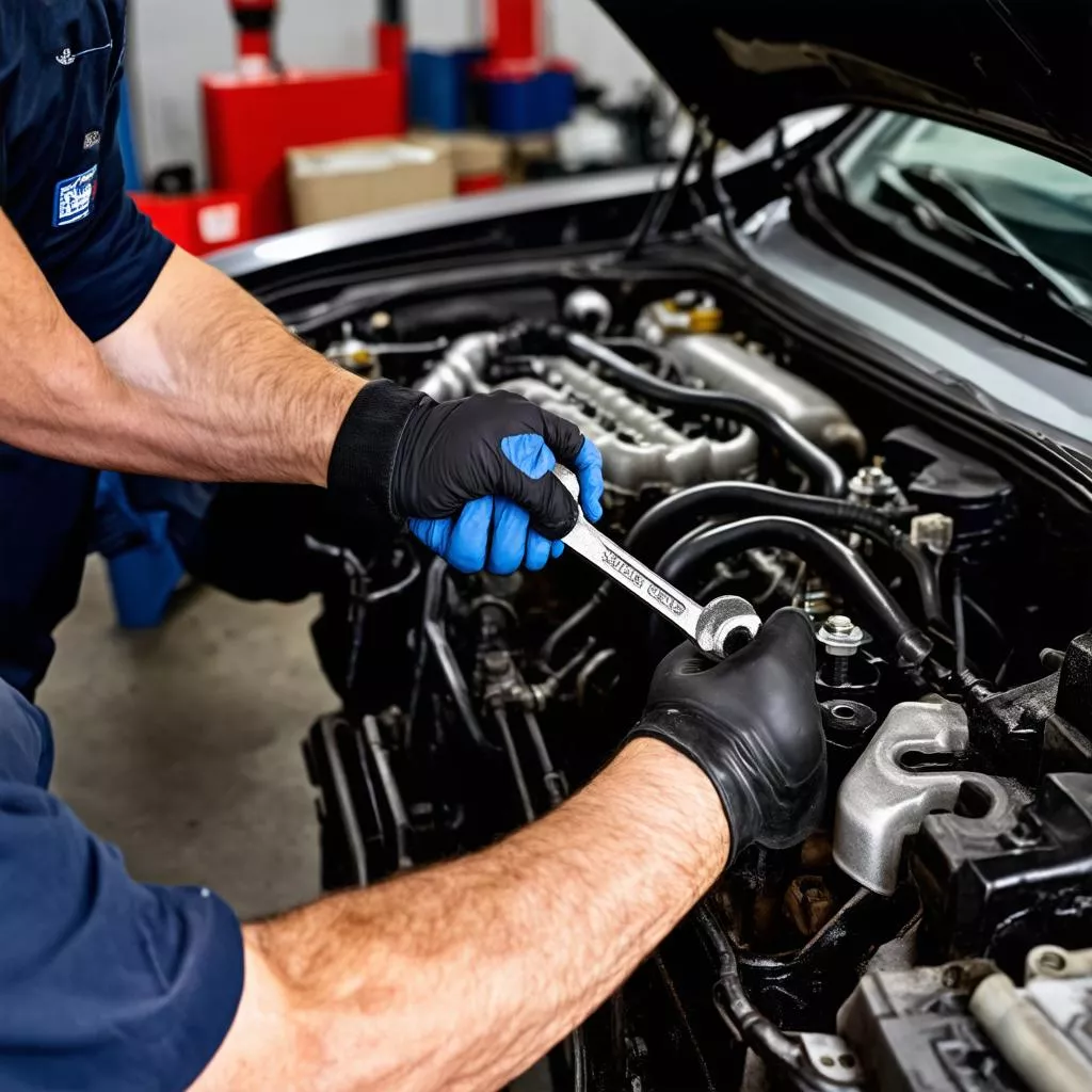 Auto repair student practicing