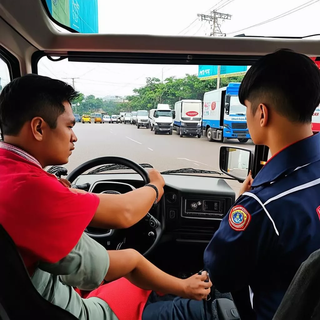 Siswa Berlatih Mengemudi Truk di Hanoi
