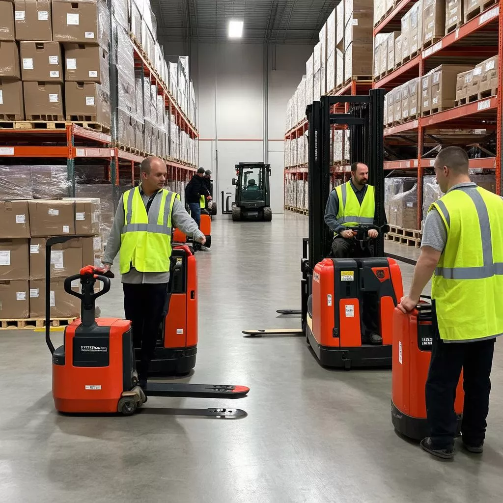 Warehouse using pallet trucks