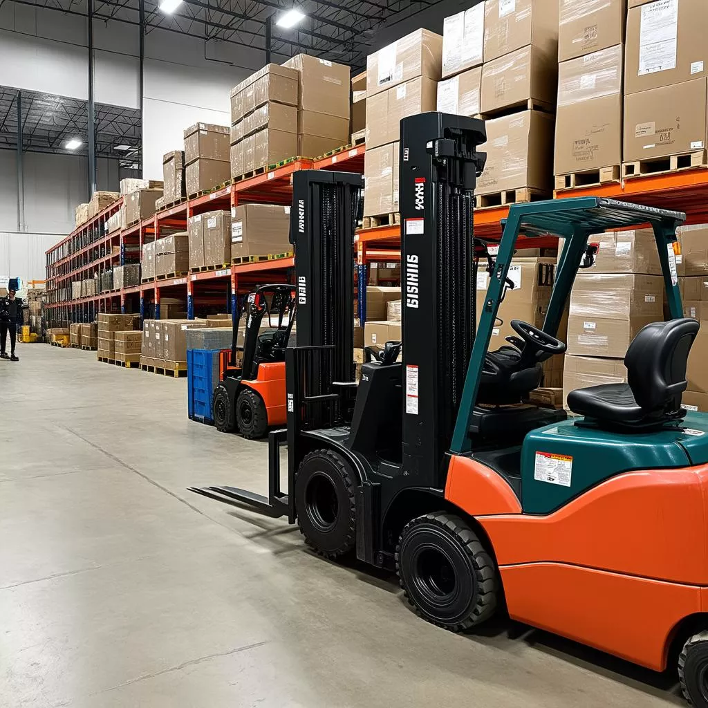 Warehouse with multiple Nissan forklifts in operation