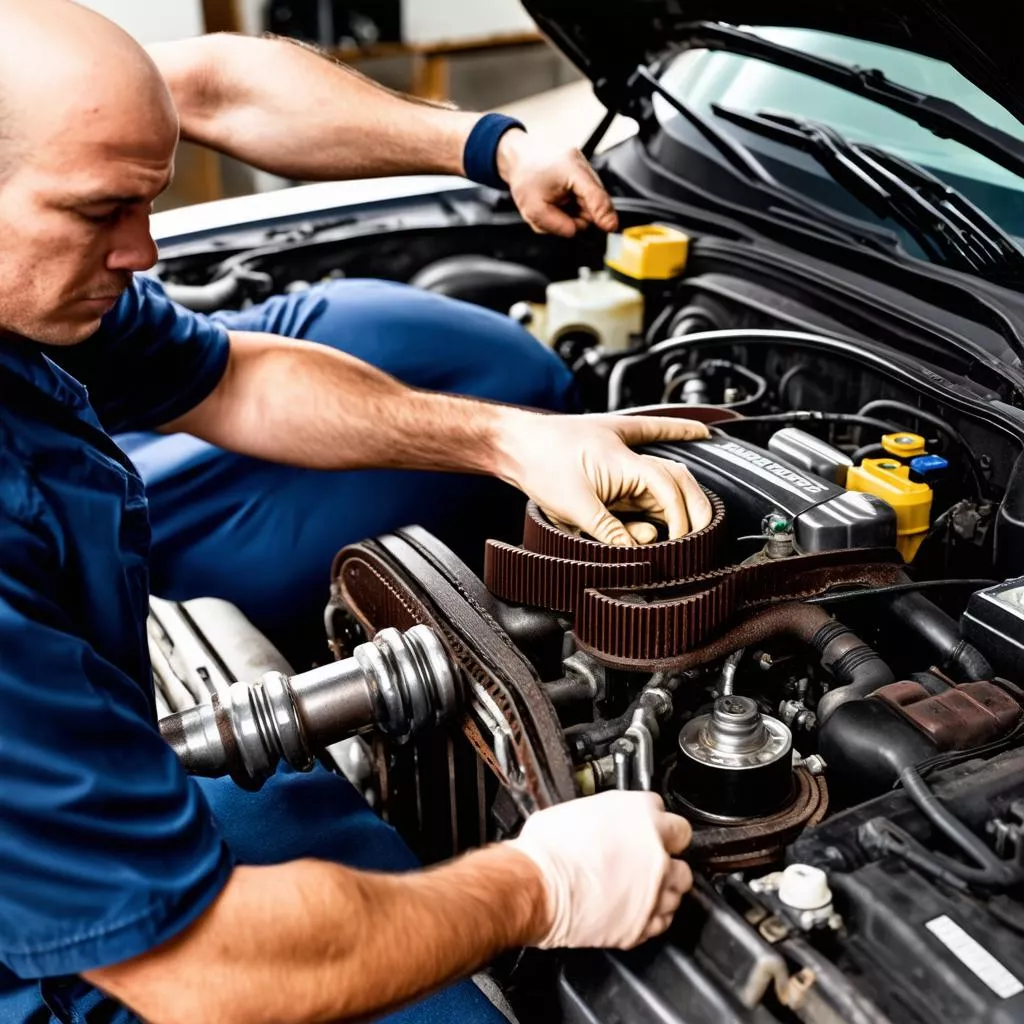 Close-up inspection of a car timing belt