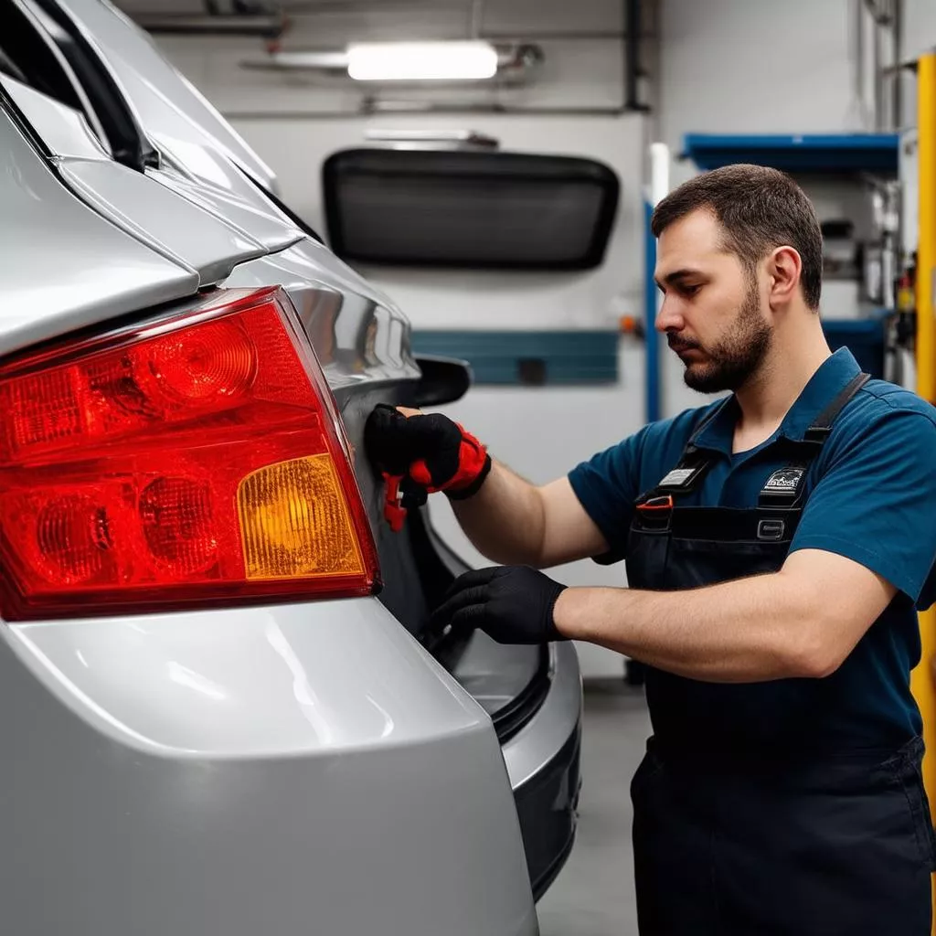 người thợ sửa chữa đang kiểm tra hệ thống đèn phanh ô tô